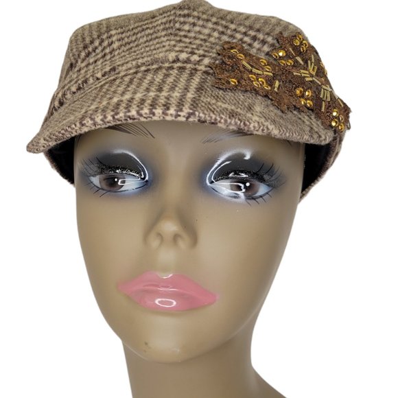 SCALA PRONTO Women's Wool Blend Houndstooth Jeweled Flat Cap Newsboy Cap - Picture 3 of 10